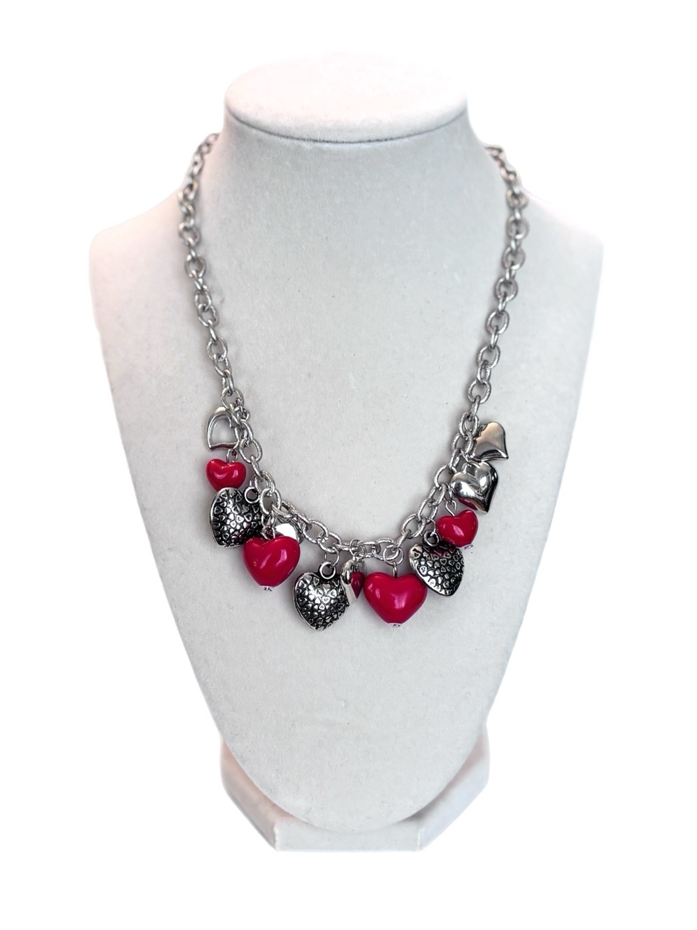 Red and Silver Heart Charms with Silver Chain Necklace